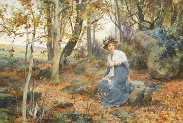Mujer Painting - Mujer sentada en el bosque Alfred Glendening JR niña paisaje de otoño hermosa dama